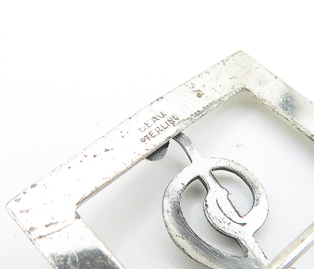 BEAU 925 Sterling Silver Vintage Treble Clef Music Square Brooch Pin BP2173