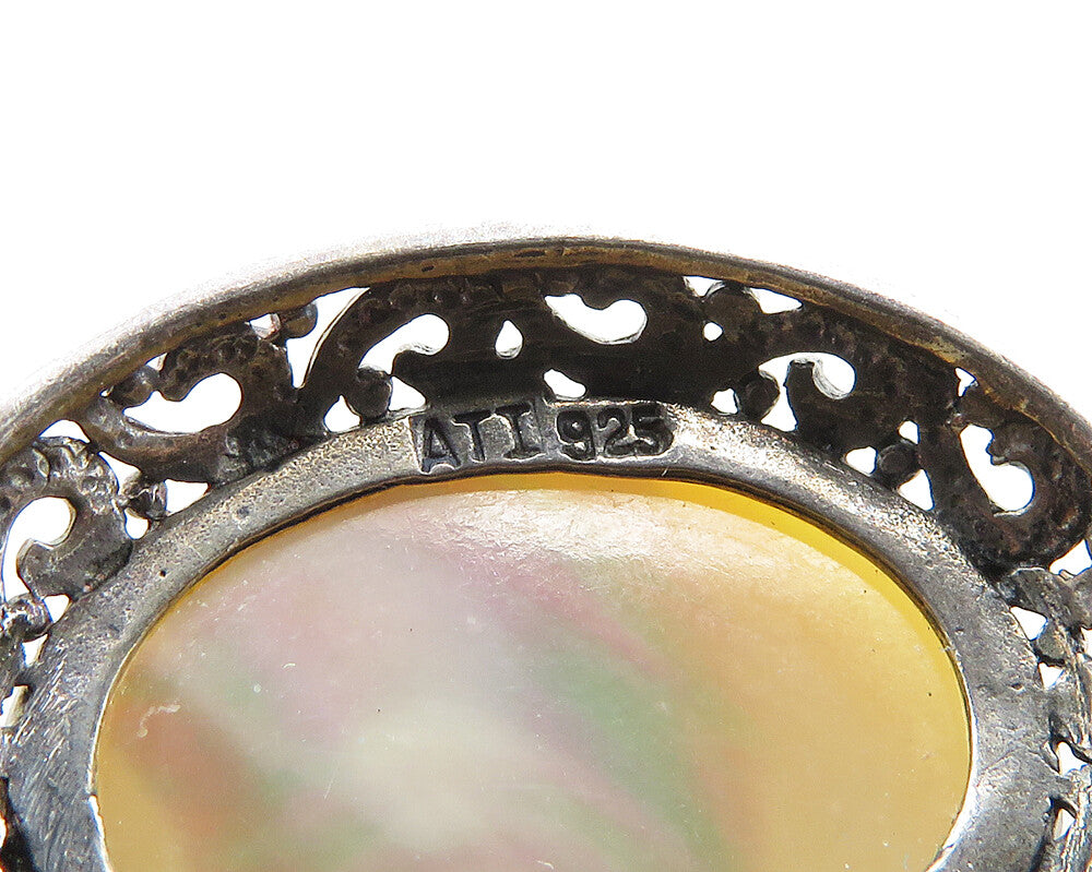 925 Sterling Silver Vintage Mother Of Pearl Swirl Border Pendant PT15568