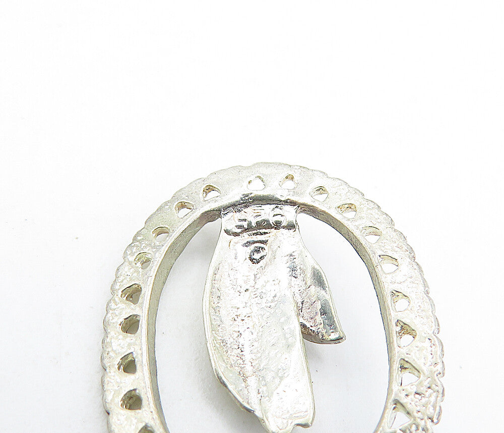 925 Sterling Silver Vintage Petite Prayer Hands Oval Border Pendant PT4675