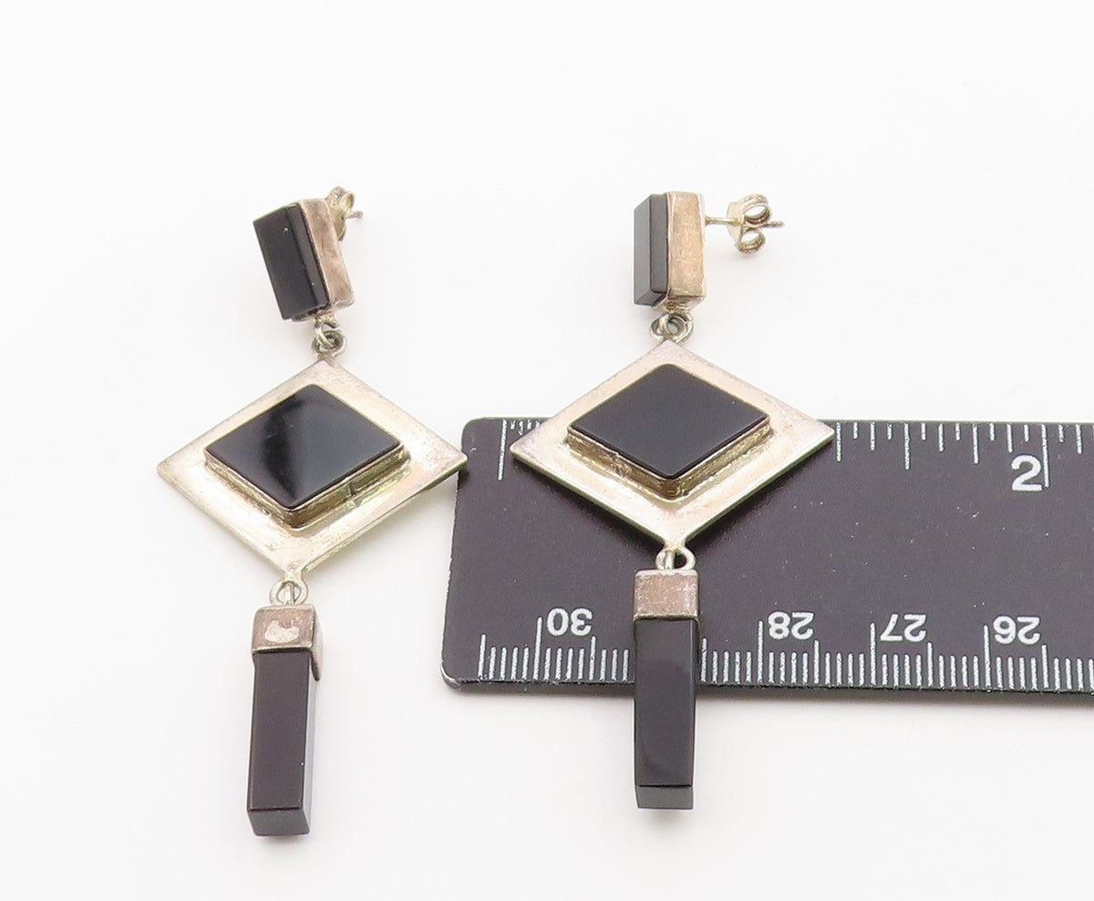 925 Sterling Silver Vintage Earrings MEXICO Black Onyx Geometric Dangle EG14441