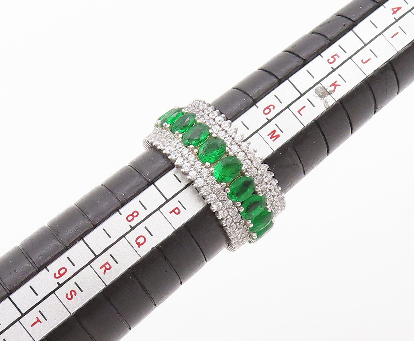 925 Sterling Silver Vintage Ring Oval Green & White CZ Band Sz 7 RG30407