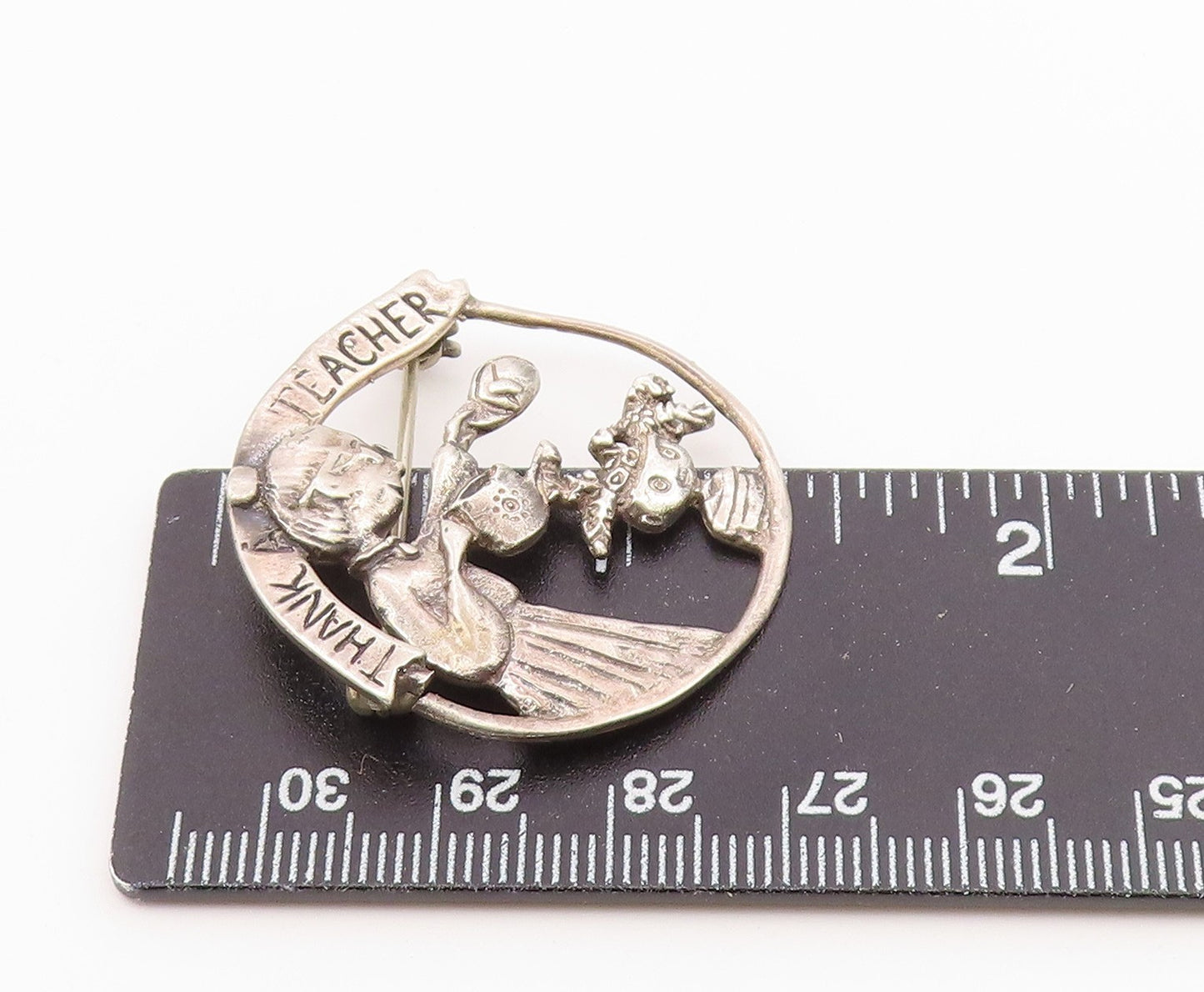 MEINK 925 Sterling Silver Vintage Dark Tone Thank A Teacher Brooch Pin BP3311