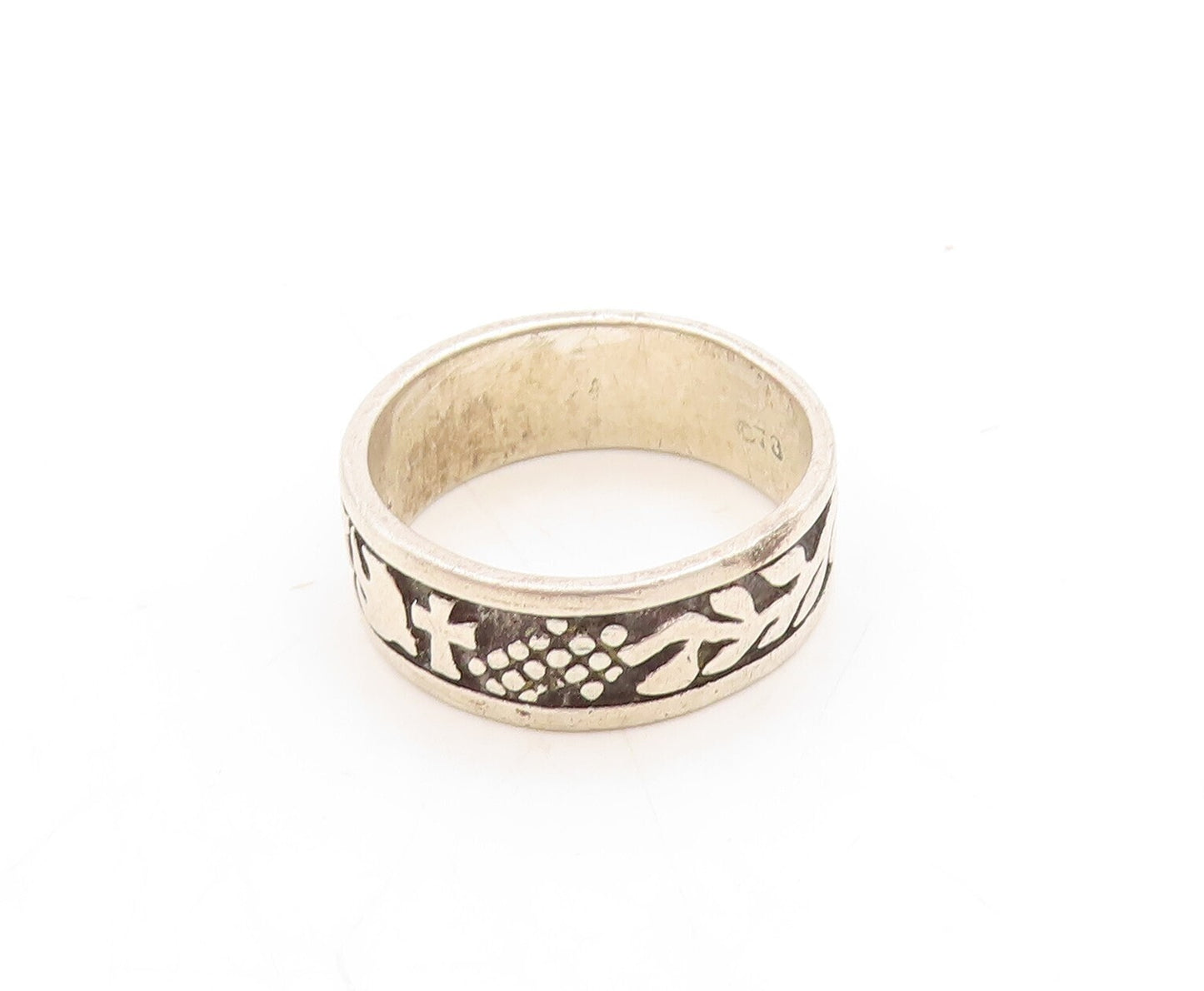925 Sterling Silver Vintage Ring Trible Animals & Design Carved Sz 8 RG31347