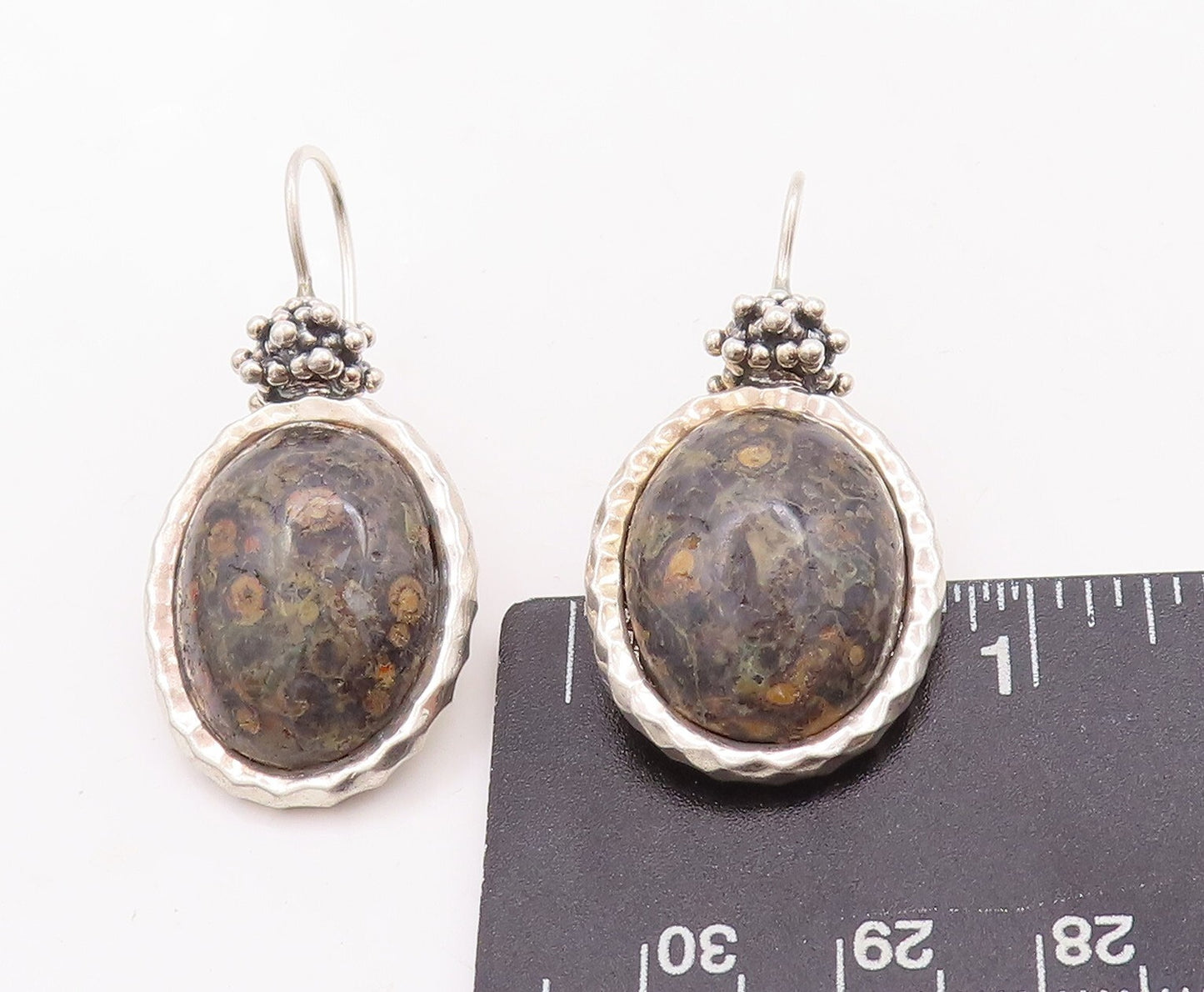 925 Sterling Silver Vintage Earrings Beaded Top Oval Fossil Agate EG13113