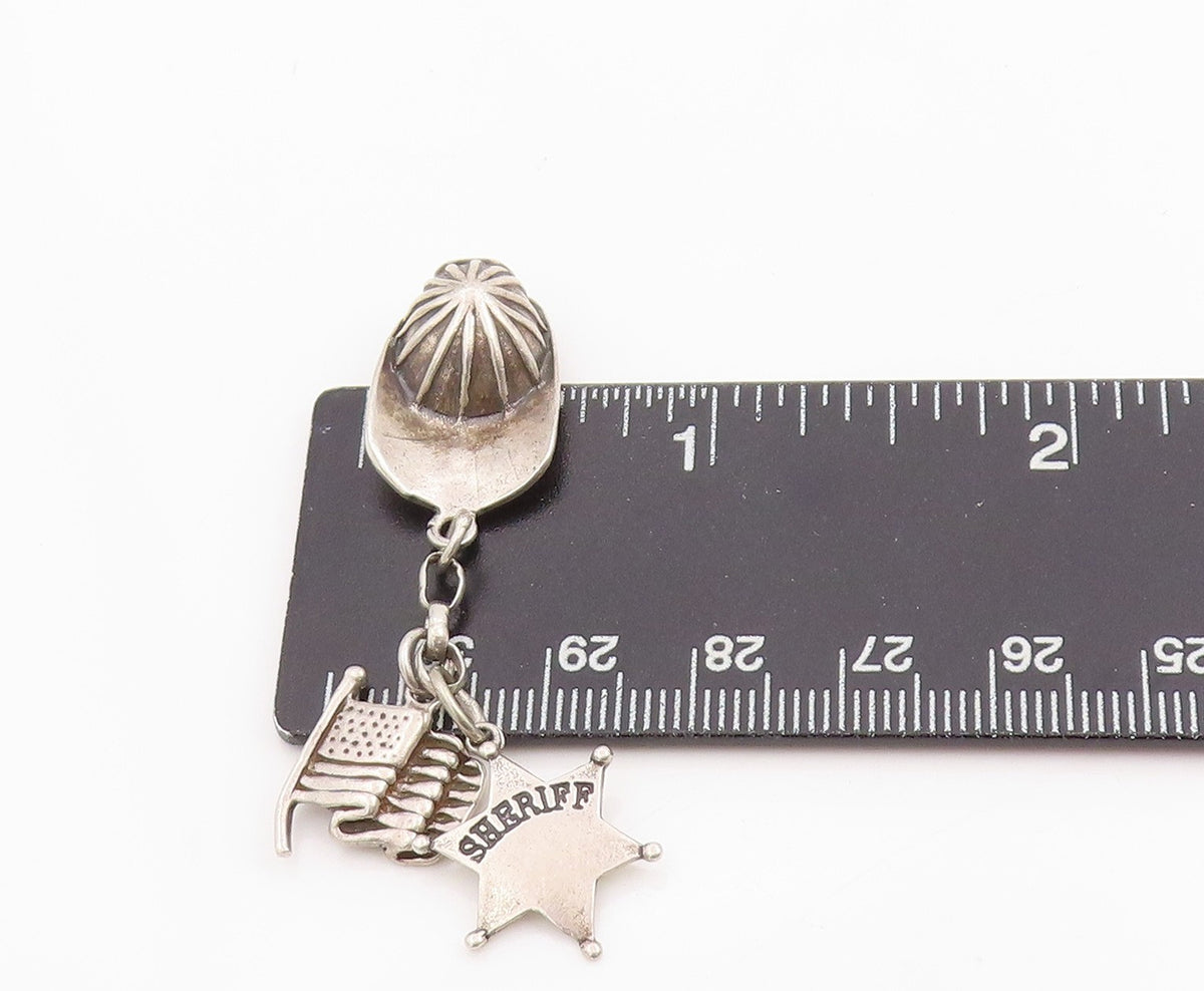 925 Sterling Silver Vintage Pendant Sheriff Badge Hat & US Flag Dangle PT25178