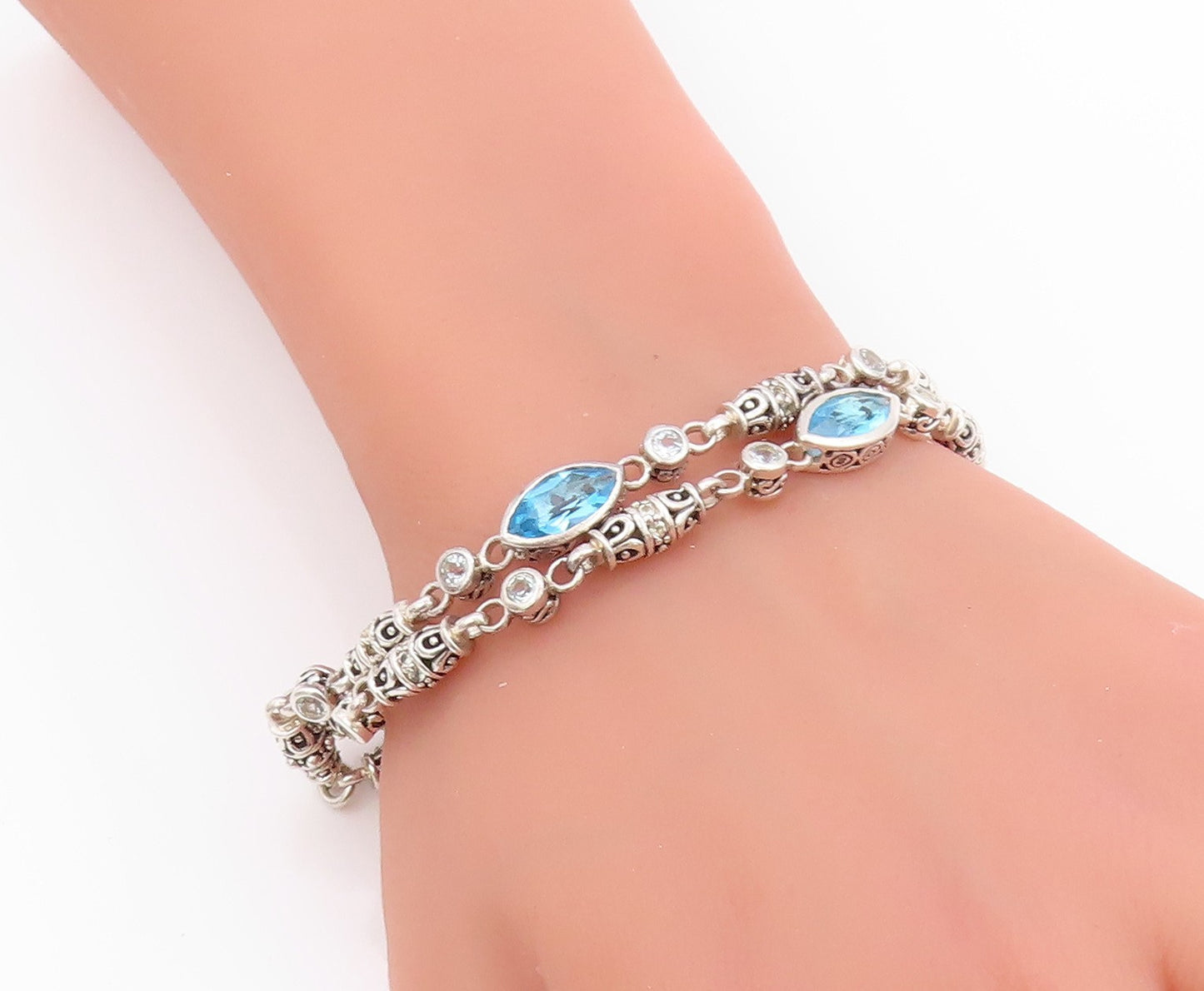 925 Sterling Silver Vintage Bracelet Marquise Blue Topaz Etched Barrels BT11391
