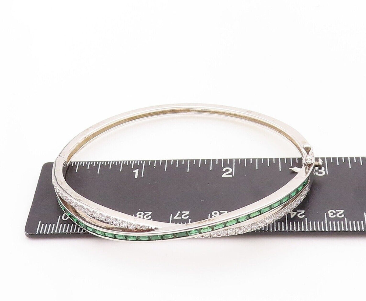 925 Sterling Silver Vintage Bracelet X Cutout Green & White Topaz Bands BT10717