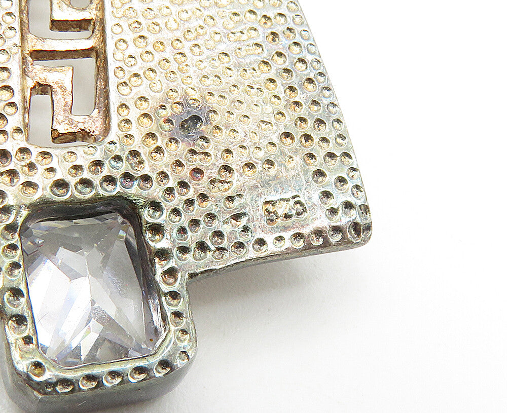 925 Sterling Silver Vintage Cubic Zirconia Greek Key Textured Pendant PT7083