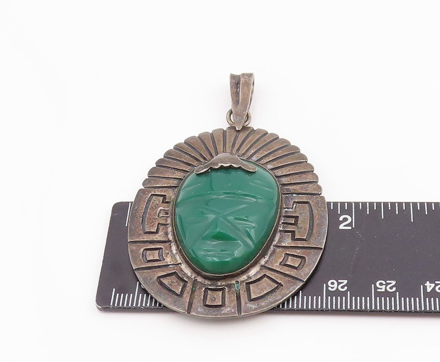 925 Sterling Silver Vintage Pendant MEXICO TAXCO Carved Green Onyx Mask PT26044
