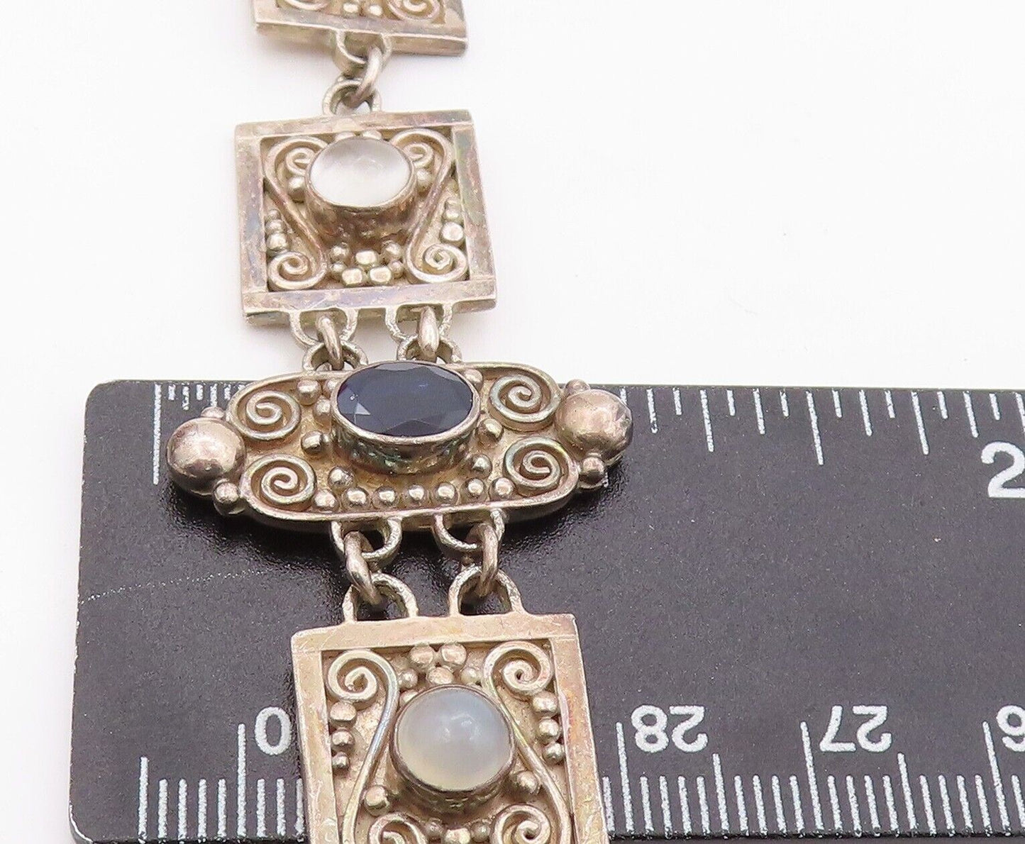 925 Sterling Silver Vintage Bracelet Antique Swirly Carved Gemstones BT10804