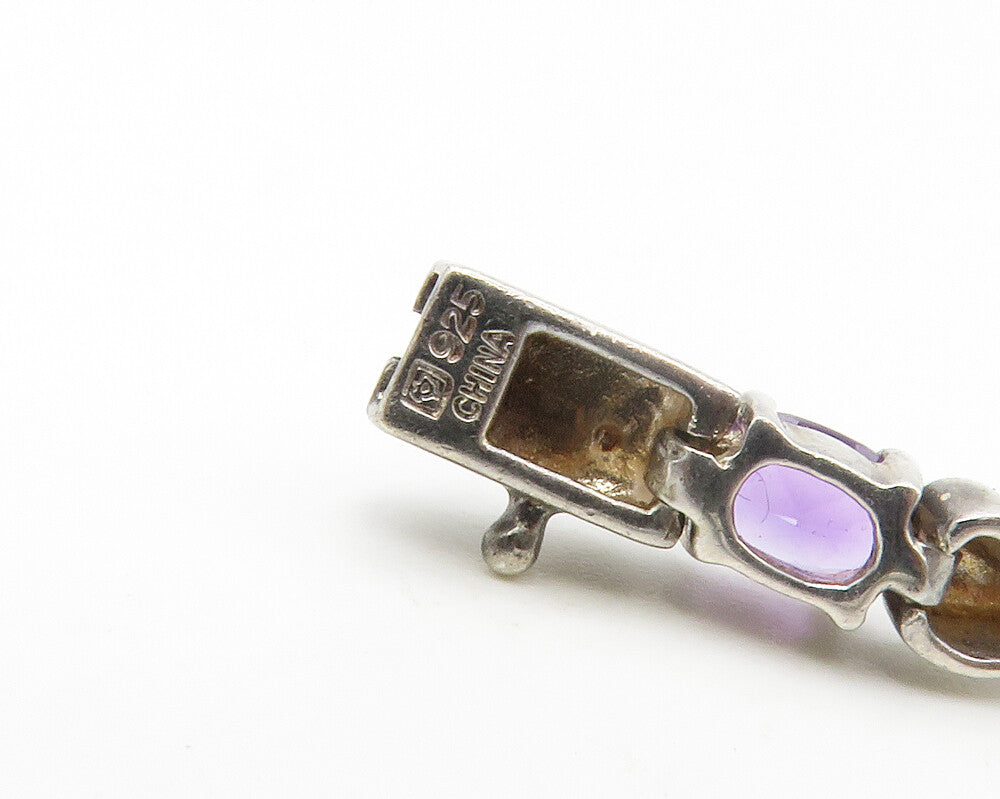 925 Sterling Silver Vintage Amethyst & Dark Tone Swirl Chain Bracelet BT6725