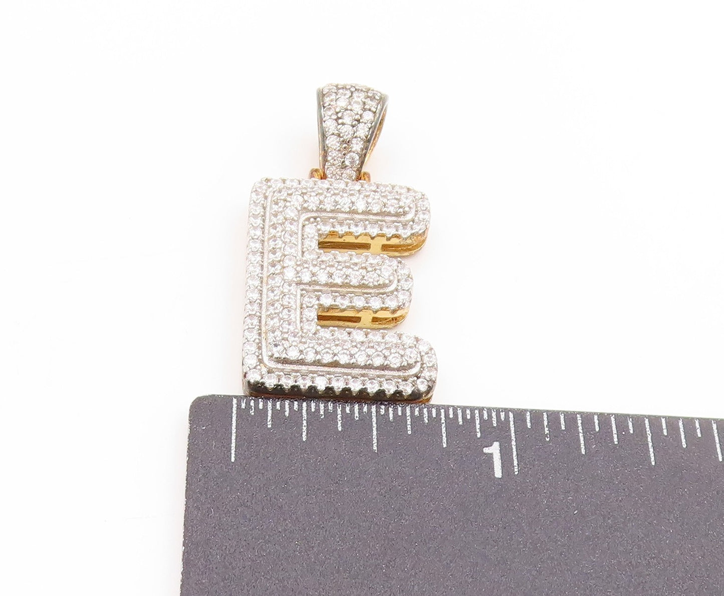 925 Sterling Silver Vintage Pendant Gold Plated CZ Clustered Alphabet E PT25006