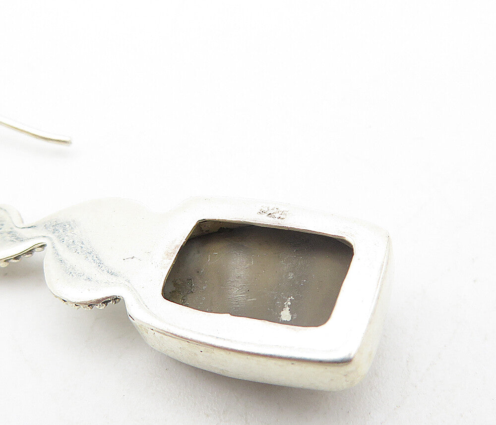 925 Sterling Silver Vintage Cabochon Cut Agate Swirl Dangle Earrings EG3470