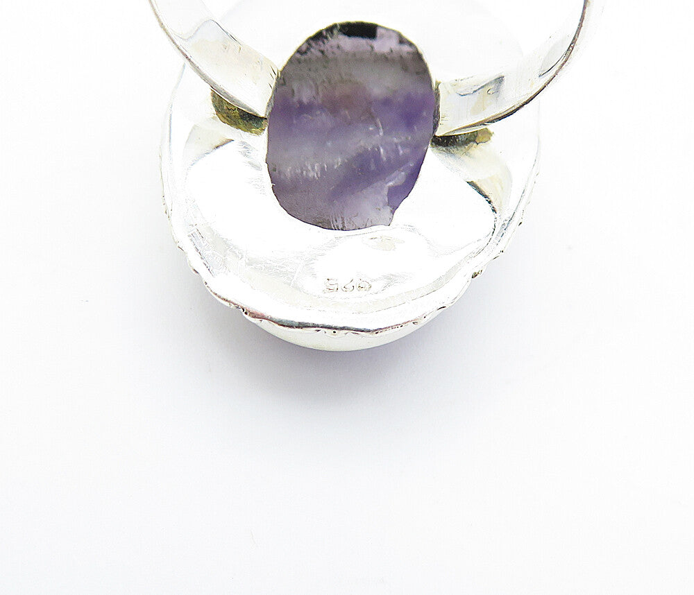 925 Sterling Silver Cabochon Banded Amethyst Oval Cocktail Ring Sz 9 RG7747