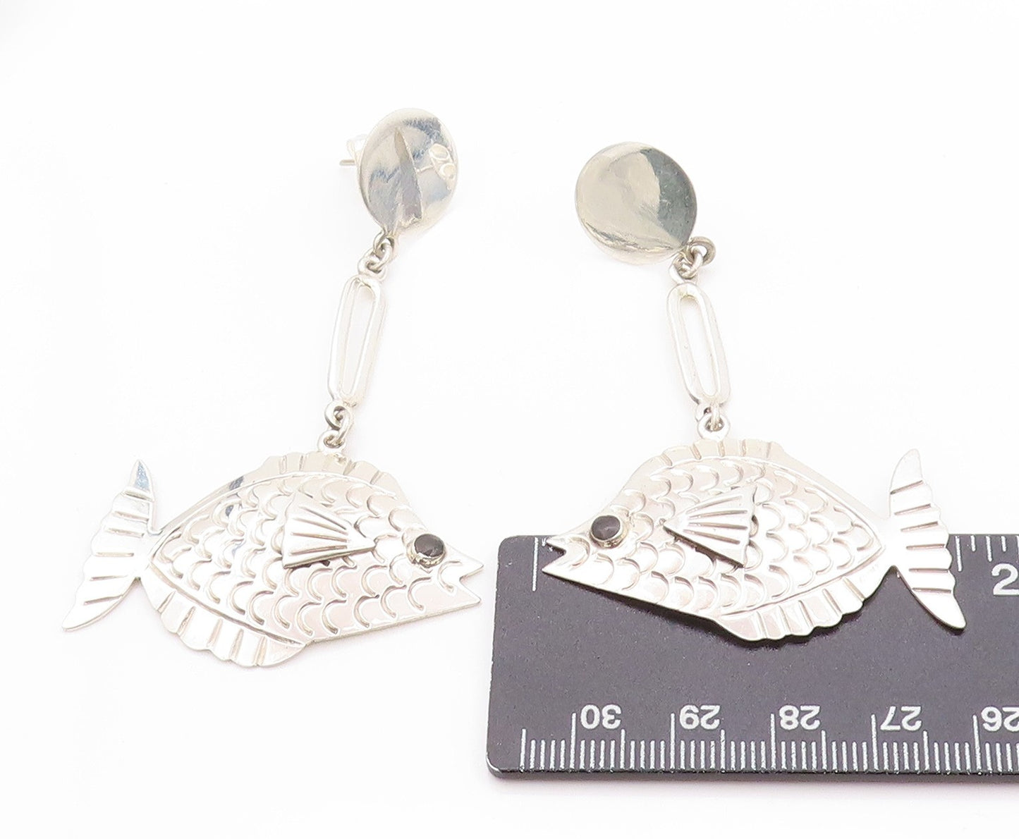 925 Sterling Silver Vintage Earrings MEXICO Onyx Eyed Tropical Fish EG13586