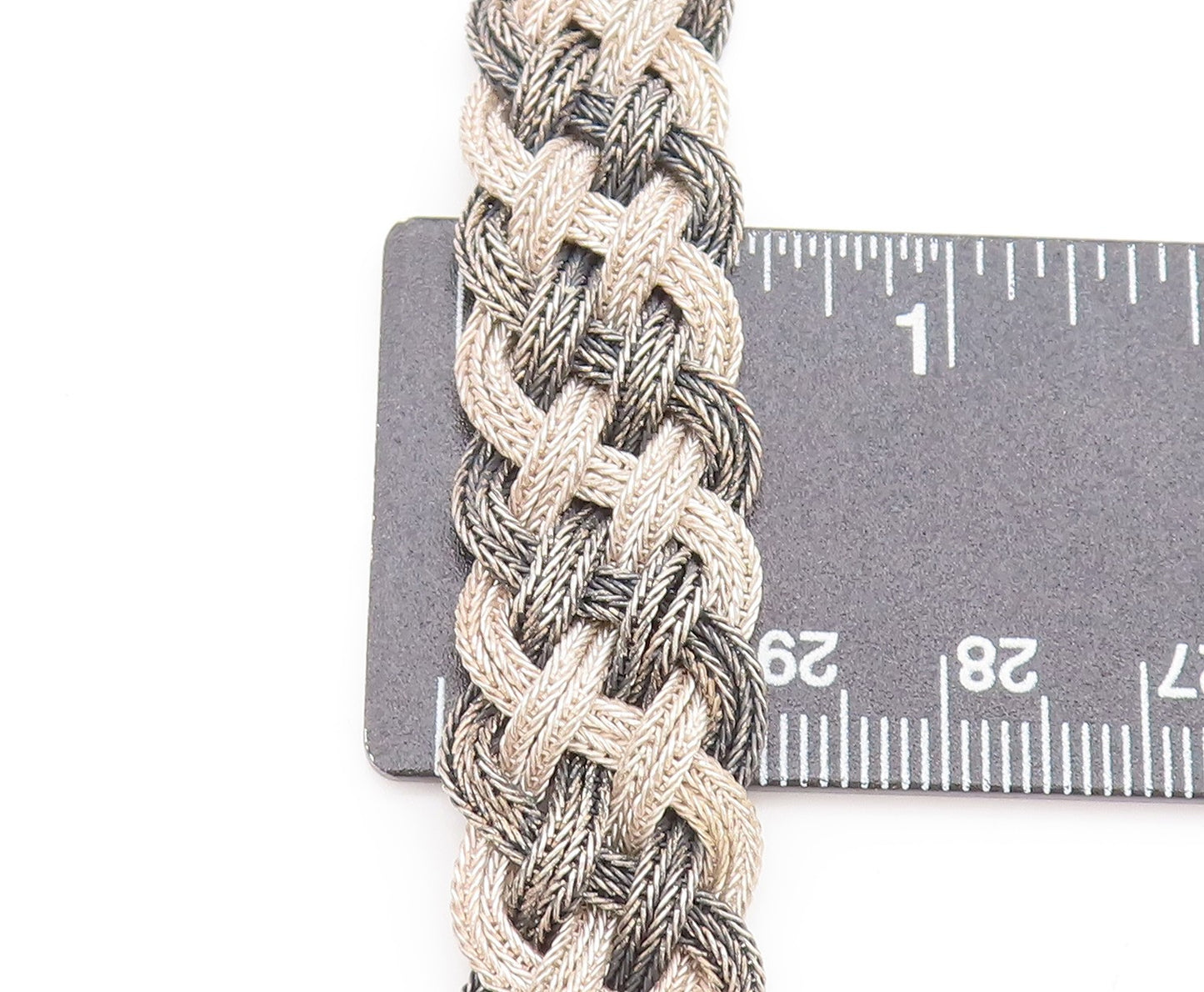 925 Sterling Silver Vintage Two Tone Beaded Wire Carved Buckle Bracelet BT9975