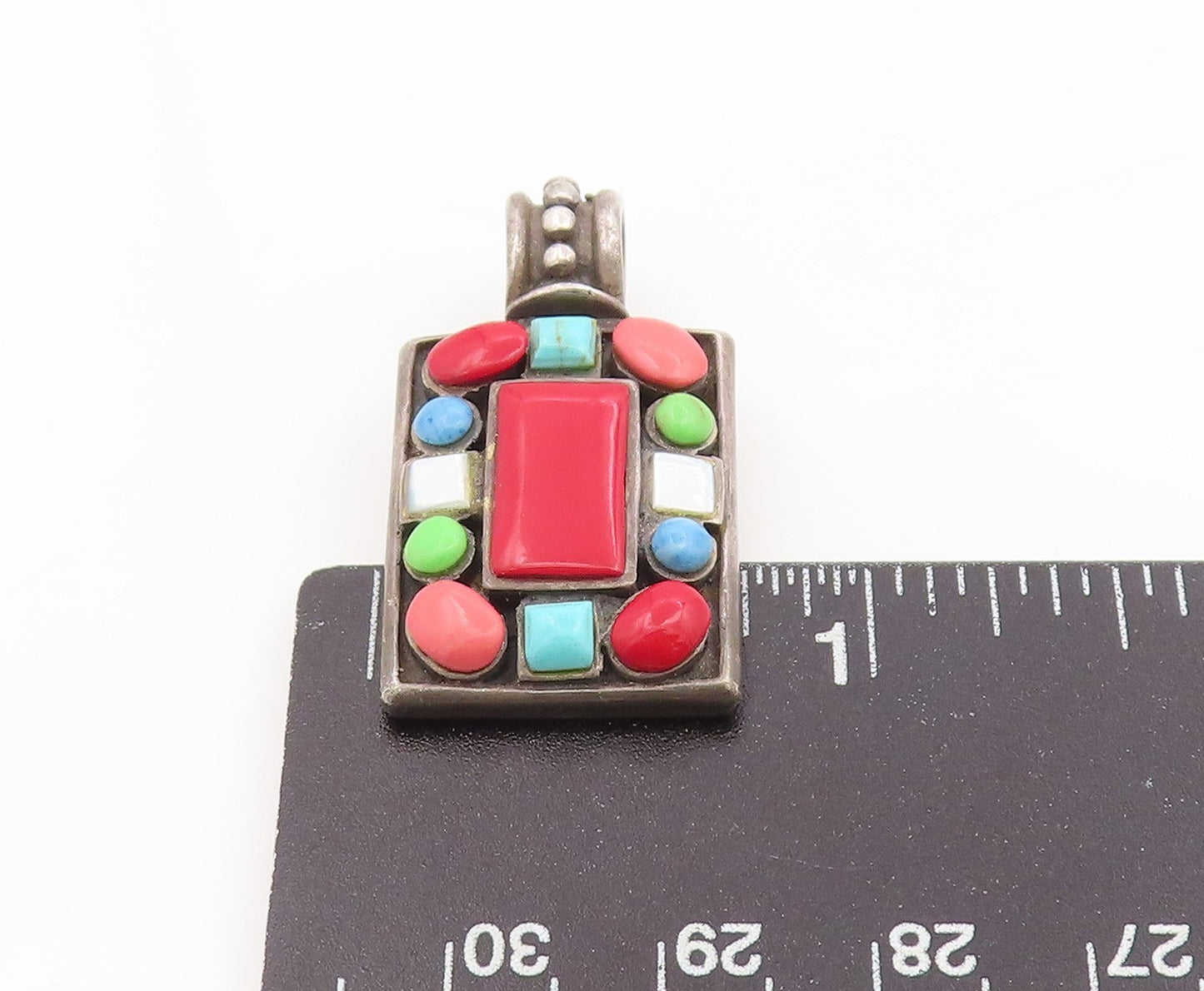 925 Sterling Silver Vintage Pendant Cabochon Multi Gemstone Charm PT26234