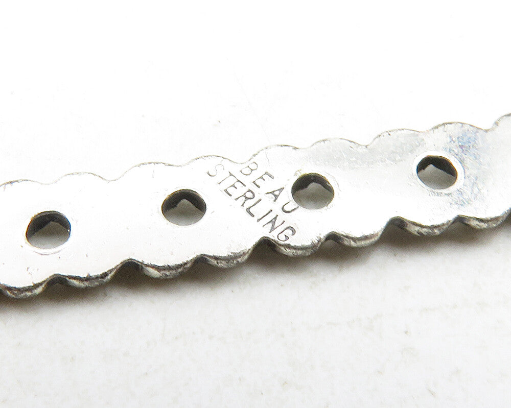 BEAU 925 Sterling Silver Vintage Row Of Flowers Dark Tone Brooch Pin BP4559