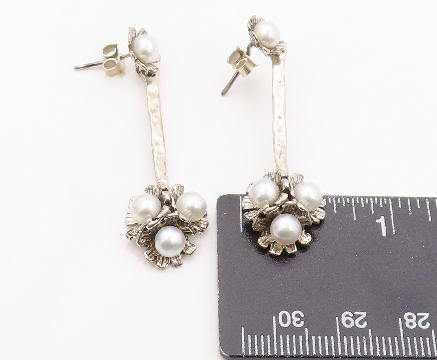 925 Sterling Silver Vintage Earrings ISRAEL Designer Drop Pearl Flower EG13471