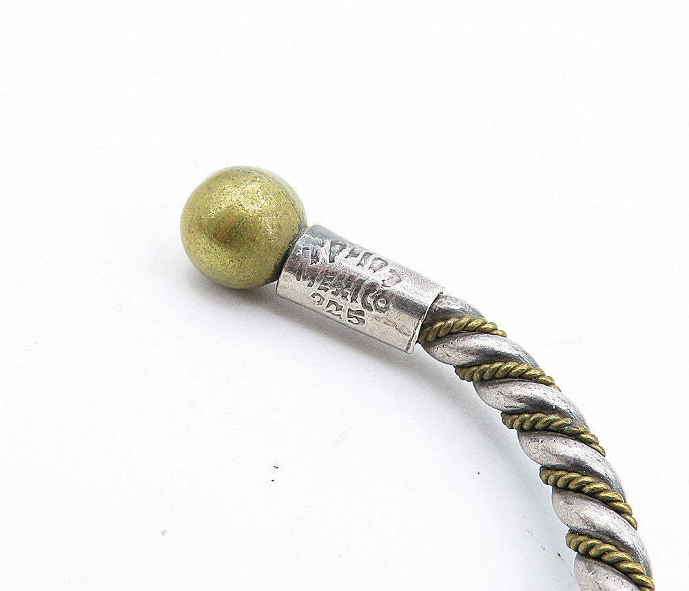 MEXICO 925 Sterling Silver Vintage 2 Tone Twist Ball End Cuff Bracelet BT2685