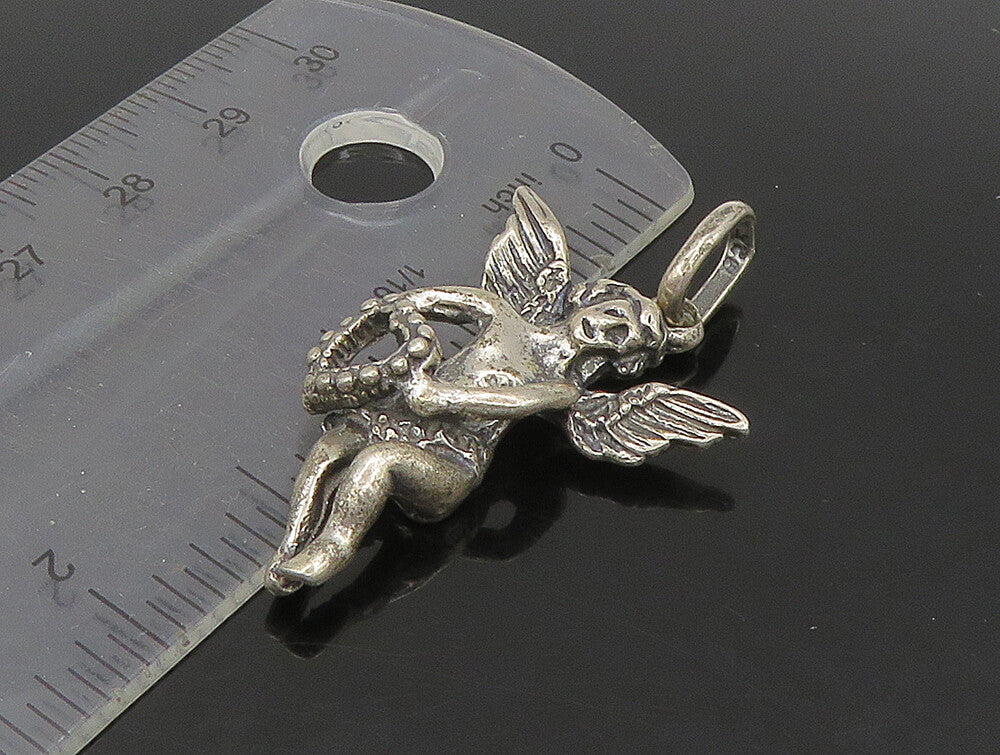 925 Sterling Silver Vintage Dark Tone Cupid Angel Love Heart Pendant PT19586