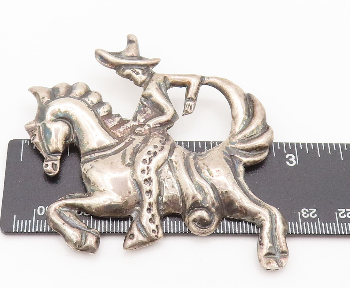 MEXICO 925 Silver Vintage Antique Jockey Riding Horse Brooch Pin BP10488