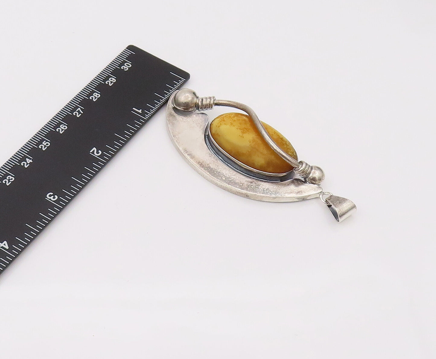 925 Sterling Silver Vintage Large Half Moon Honey Yellow Agate Pendant PT22167