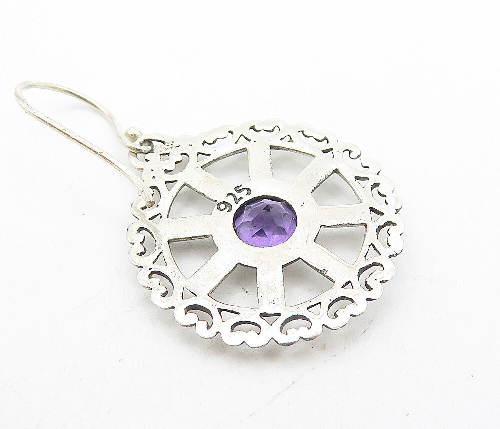 925 Sterling Silver Amethyst Round Open Design Shiny Dangle Earrings EG3799