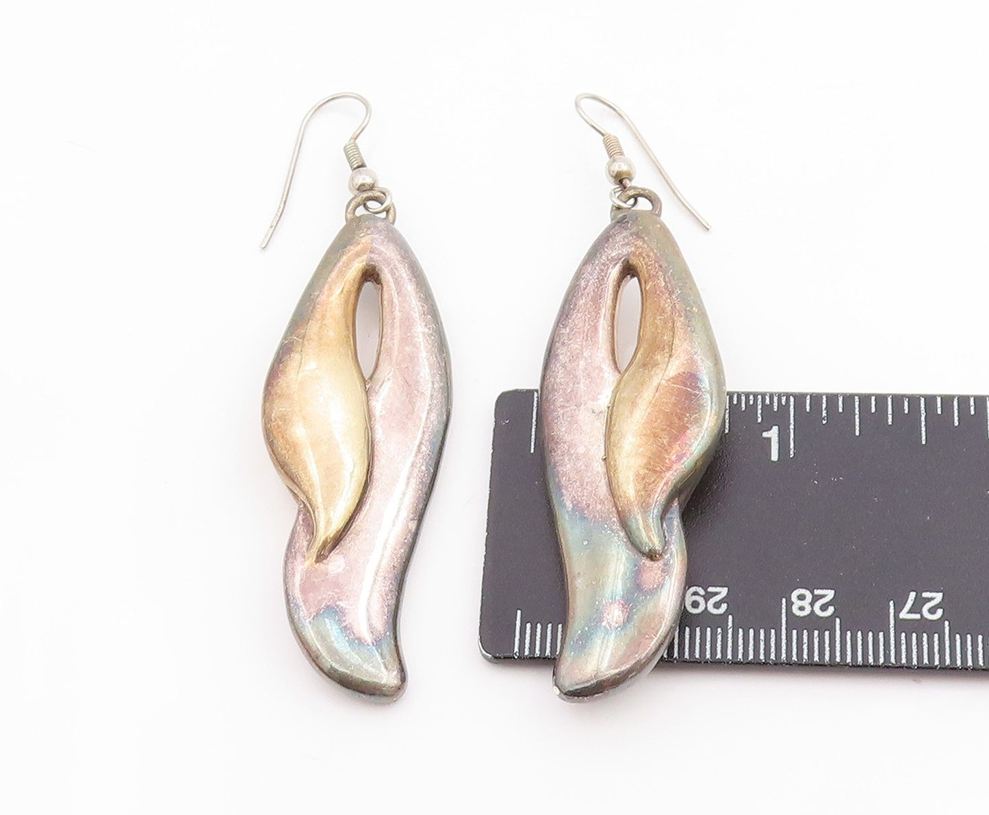 925 Sterling Silver Vintage Earrings Modernist Curvy Wave Design Dangle EG13750