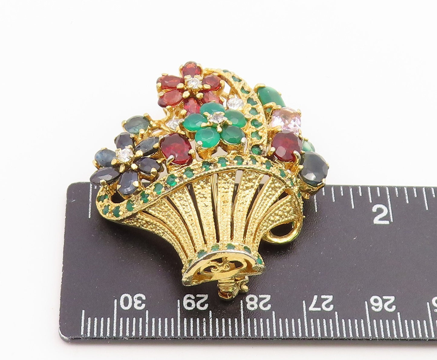 925 Sterling Silver Vintage Brooch Pin Gold Plated Gemstone Bouquet BP12654