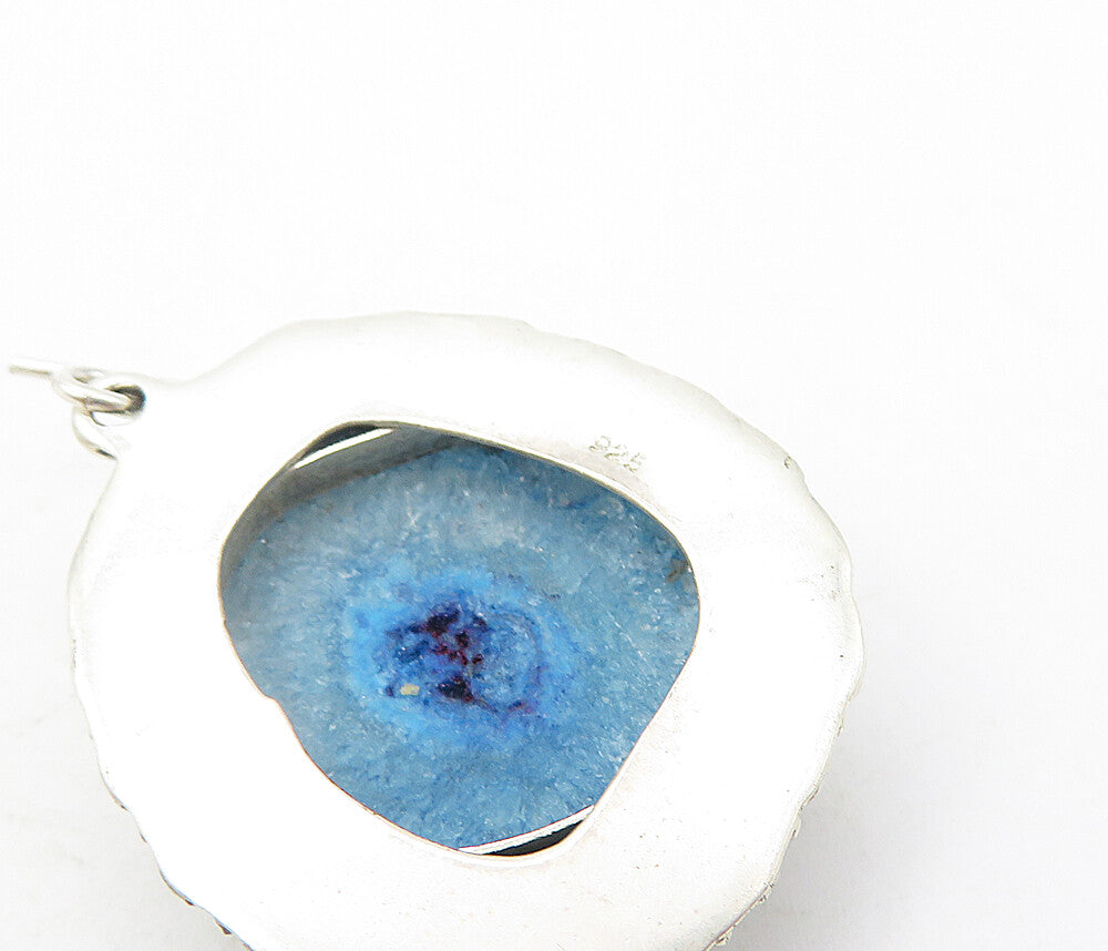 925 Sterling Silver Vintage Blue Agate Slice Floral Dangle Earrings EG3908