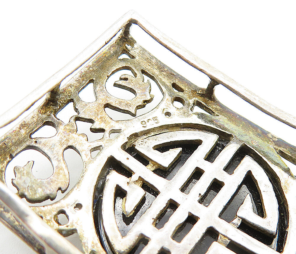 925 Sterling Silver Vintage Black Onyx Swirl Cutout Detail Pendant PT3530