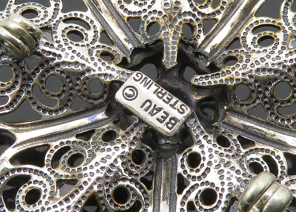 BEAU 925 Sterling Silver Vintage Dark Tone Swirl Flower Brooch Pin BP7979