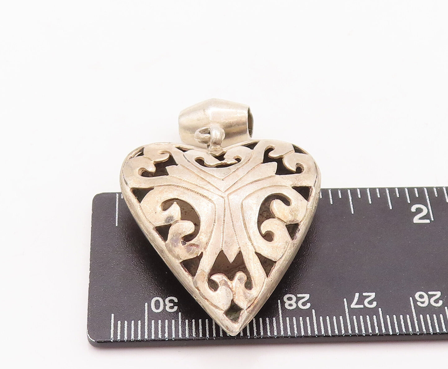 925 Sterling Silver Vintage Pendant Solid Large Swirly Carved Heart PT23183