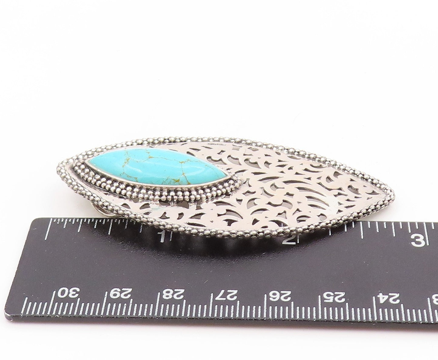 925 Sterling Silver Vintage Pendant Marquise Cut Turquoise Openwork Leaf PT25842