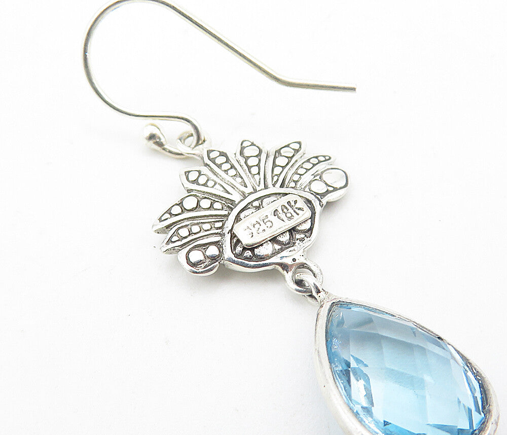 925 Silver & 18K GOLD Vintage Blue Topaz Two Tone Dangle Earrings EG3071
