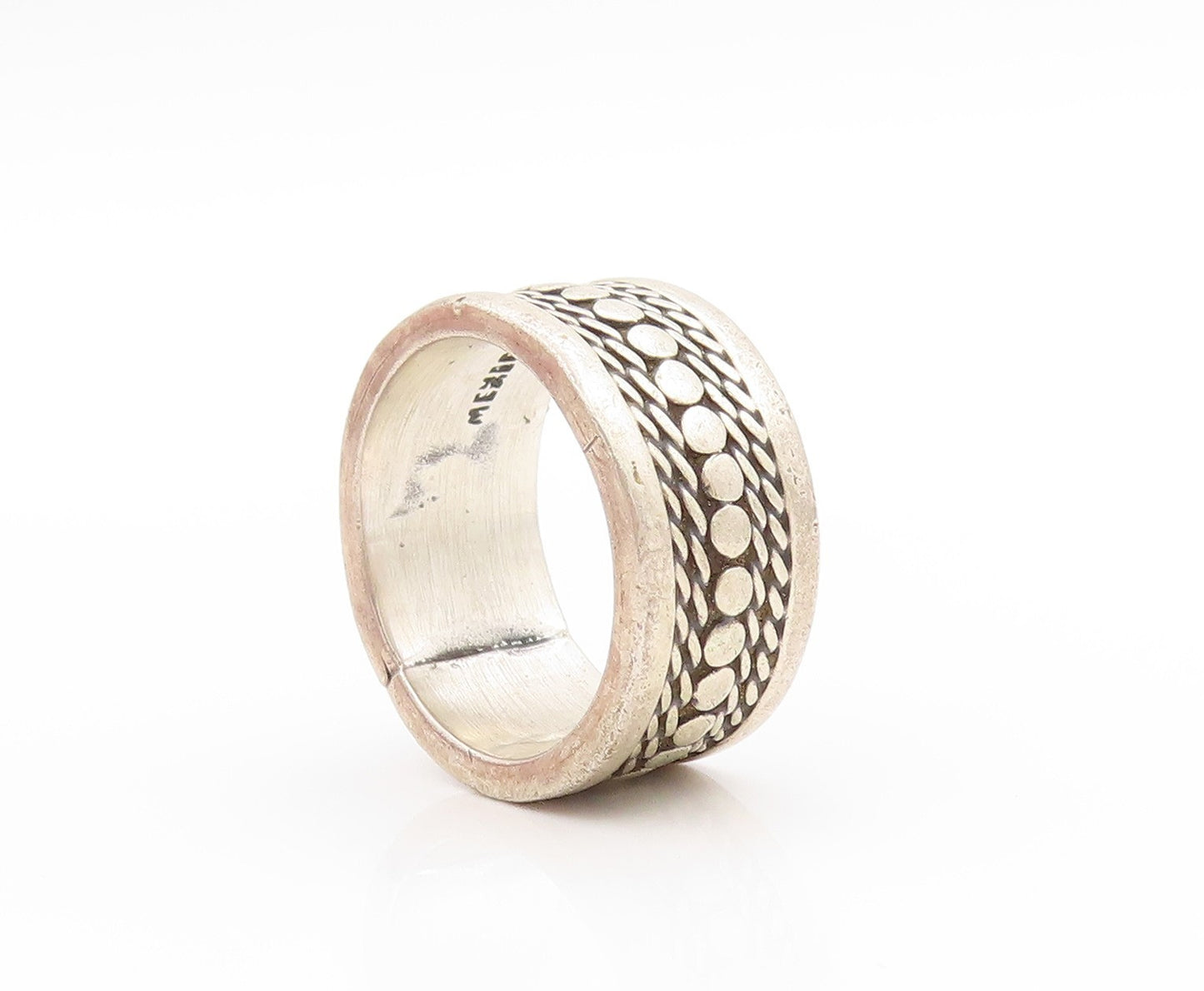 925 Sterling Silver Vintage Ring MEXICO Etched Dotted Wide Band Sz 9.5 RG33610