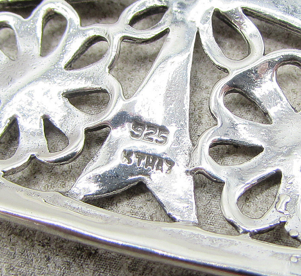925 Sterling Silver Marcasite Floral Art Picture Drop Pendant PT1404