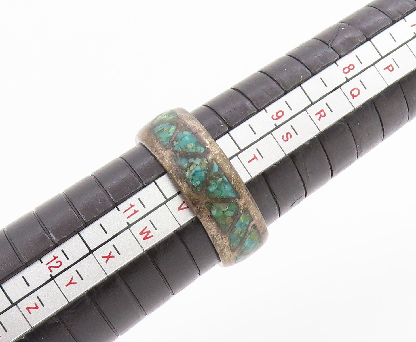 925 Sterling Silver Vintage Ring Crushed Turquoise Triangle Inlay Sz 10 RG35686