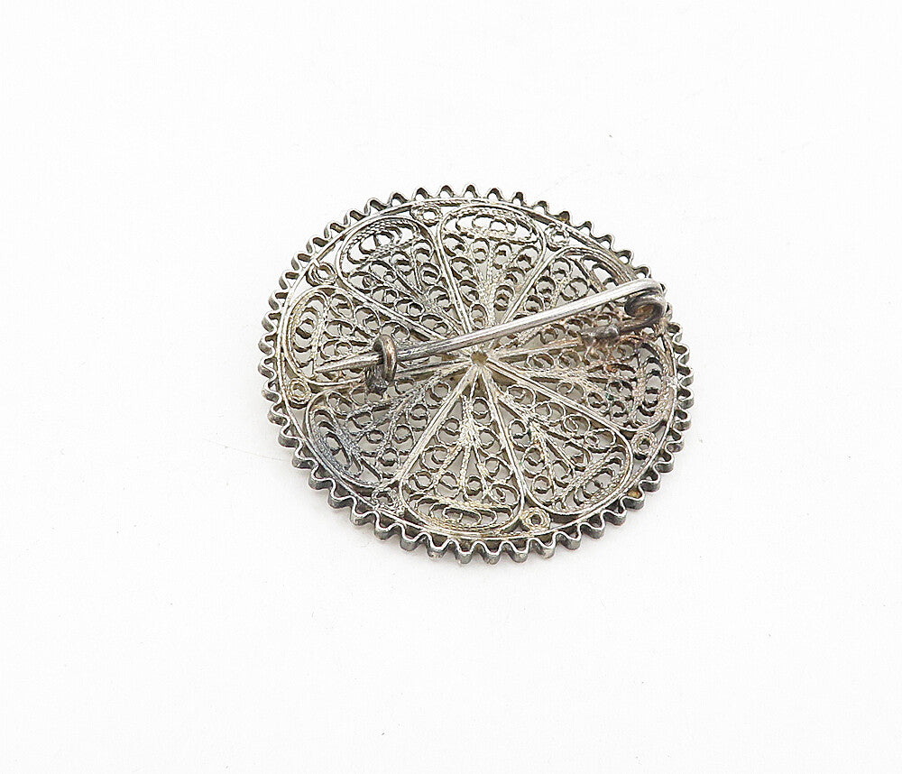 925 Sterling Silver Vintage Antique Filigree Floral Design Brooch Pin BP3130