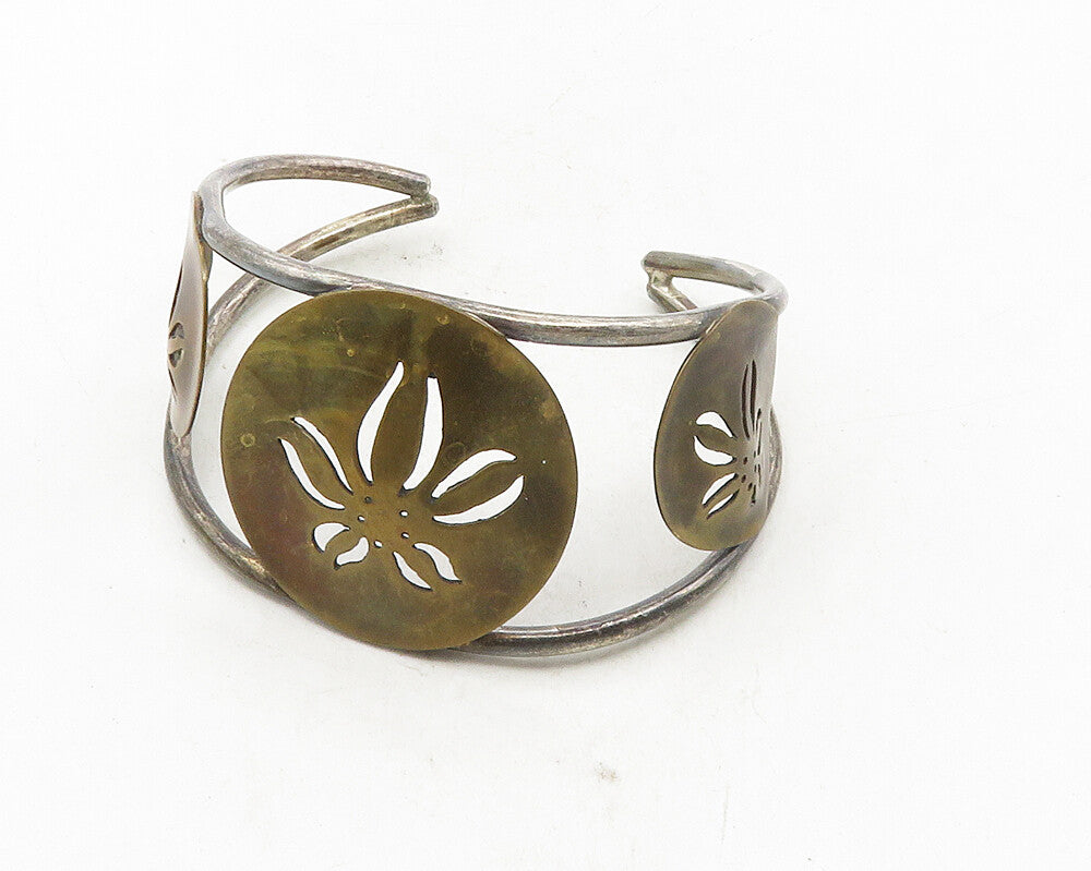 925 Sterling Silver Vintage Flower Cutout Dark Tone Cuff Bracelet BT4208