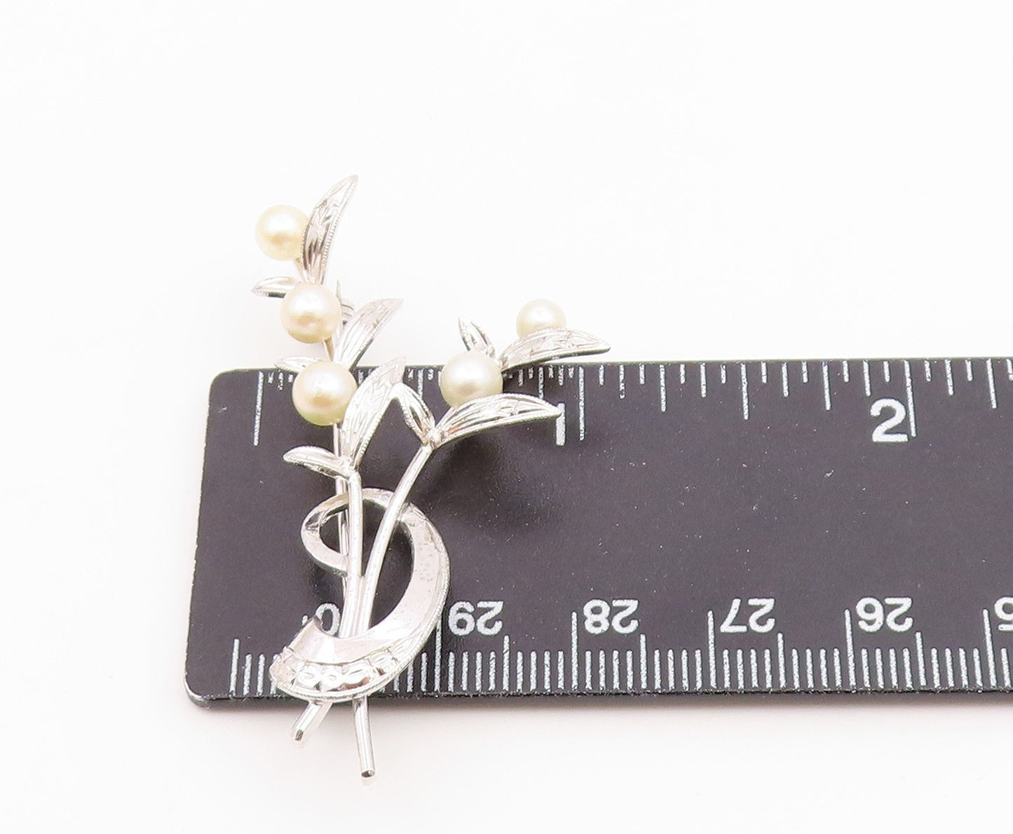 925 Sterling Silver Vintage Cultured Pearls Leaf Stem Brooch Pin BP9364