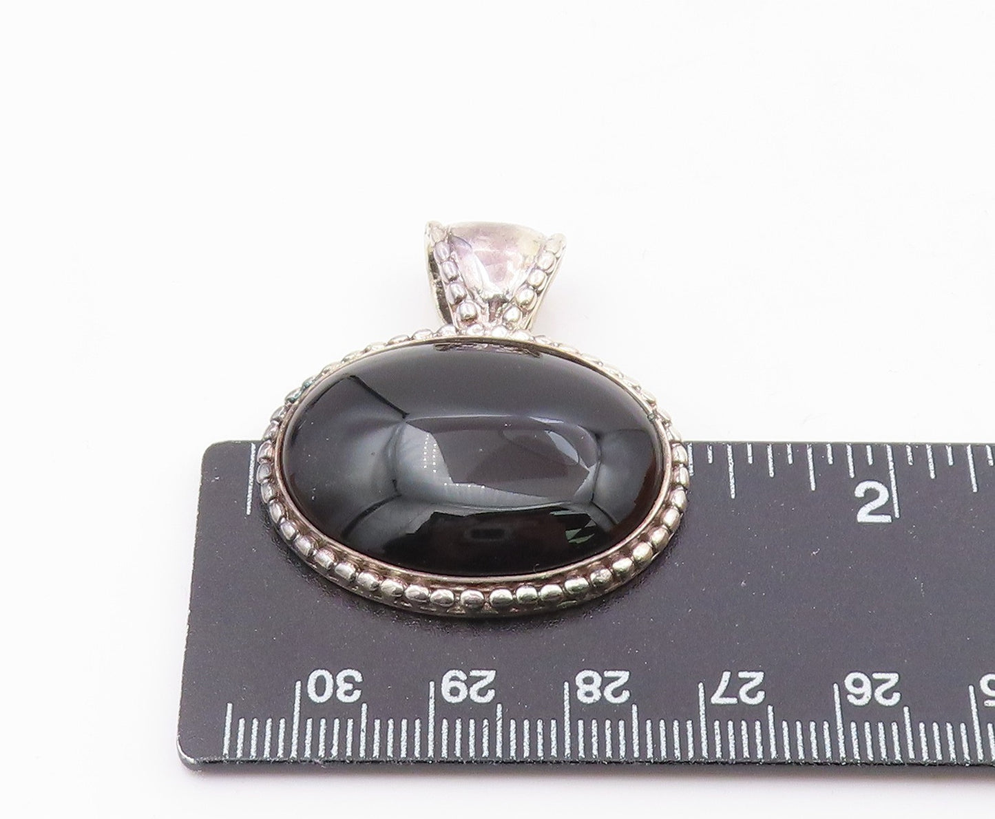 925 Sterling Silver Vintage Cabochon Cut Black Onyx Fluted Pendant PT7908