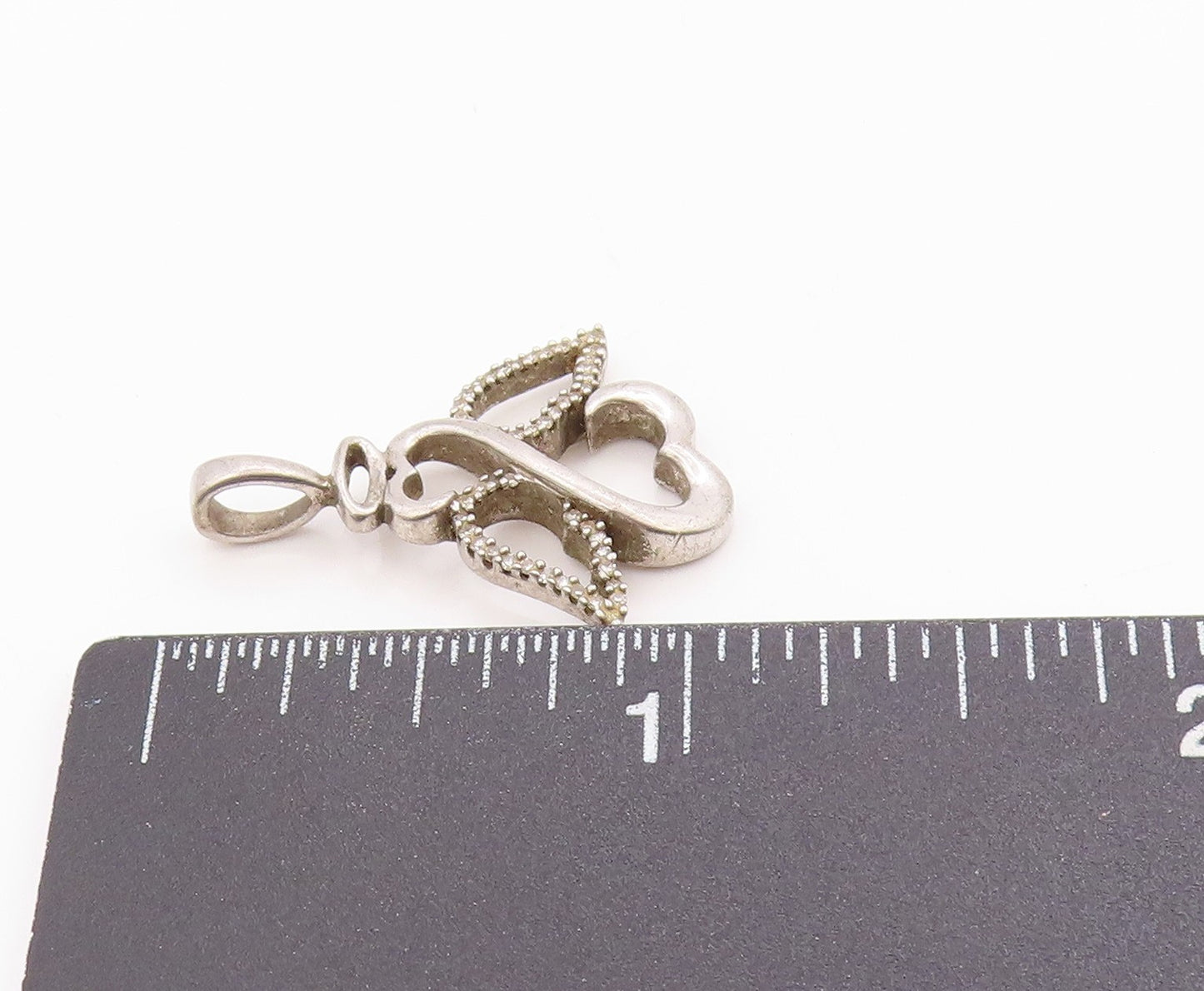 925 Sterling Silver Vintage Pendant Real Diamonds Angel Wing Love Heart PT24861