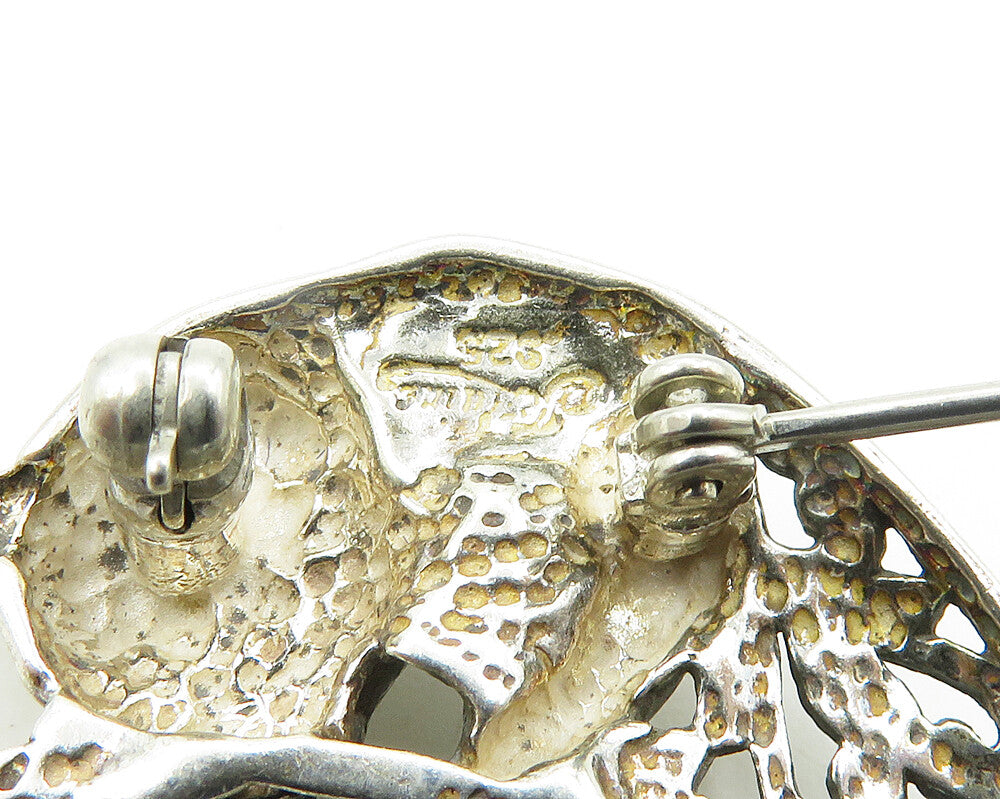 JEZLAINE 925 Sterling Silver Vintage Cat & Fish Bowl Shiny Brooch Pin BP7521