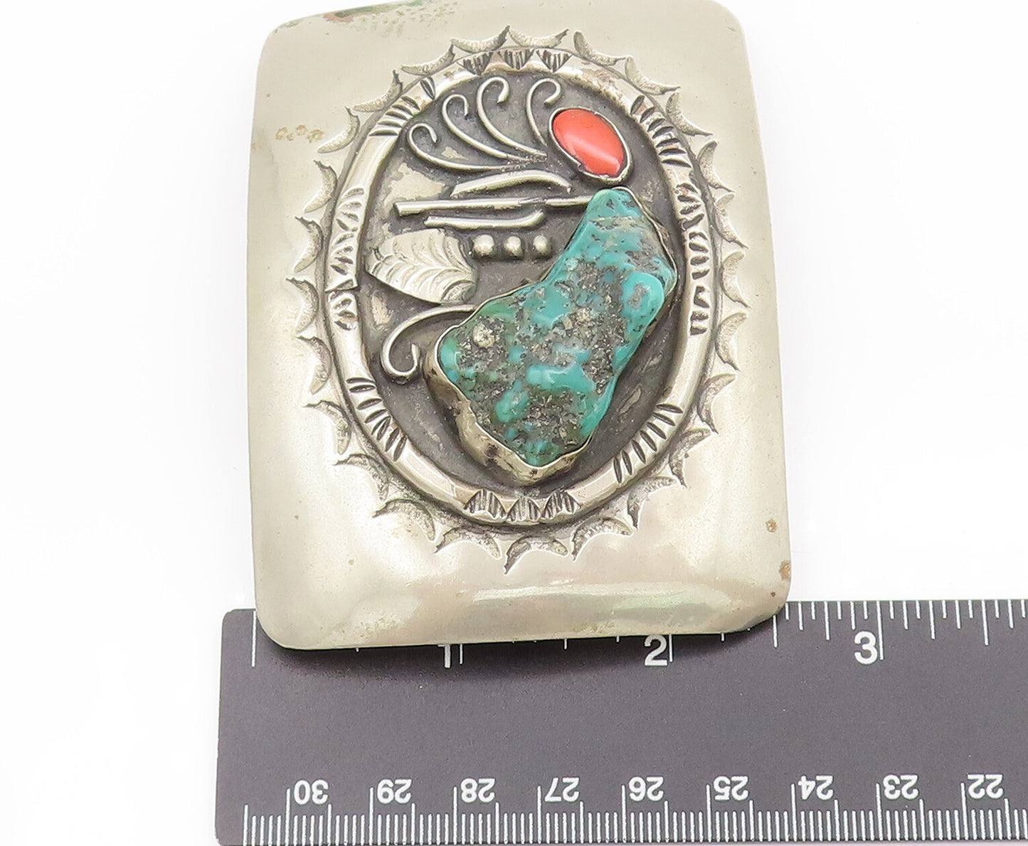ZUNI NAVAJO 925 Silver Vintage Large Carved Turquoise Belt Buckle TR3537