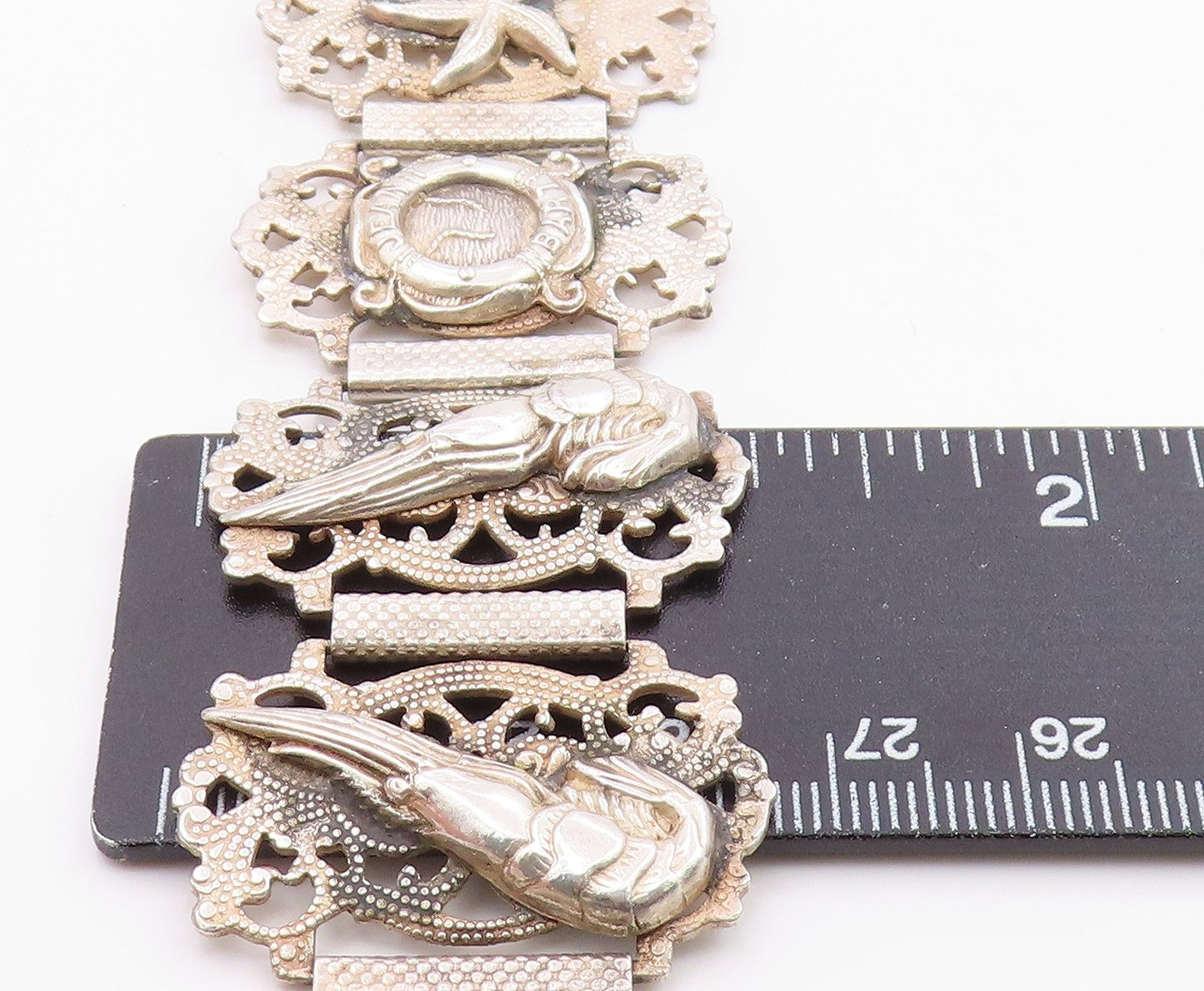 925 Sterling Silver Vintage Bracelet Modernist Marine Life Motif Link BT12071