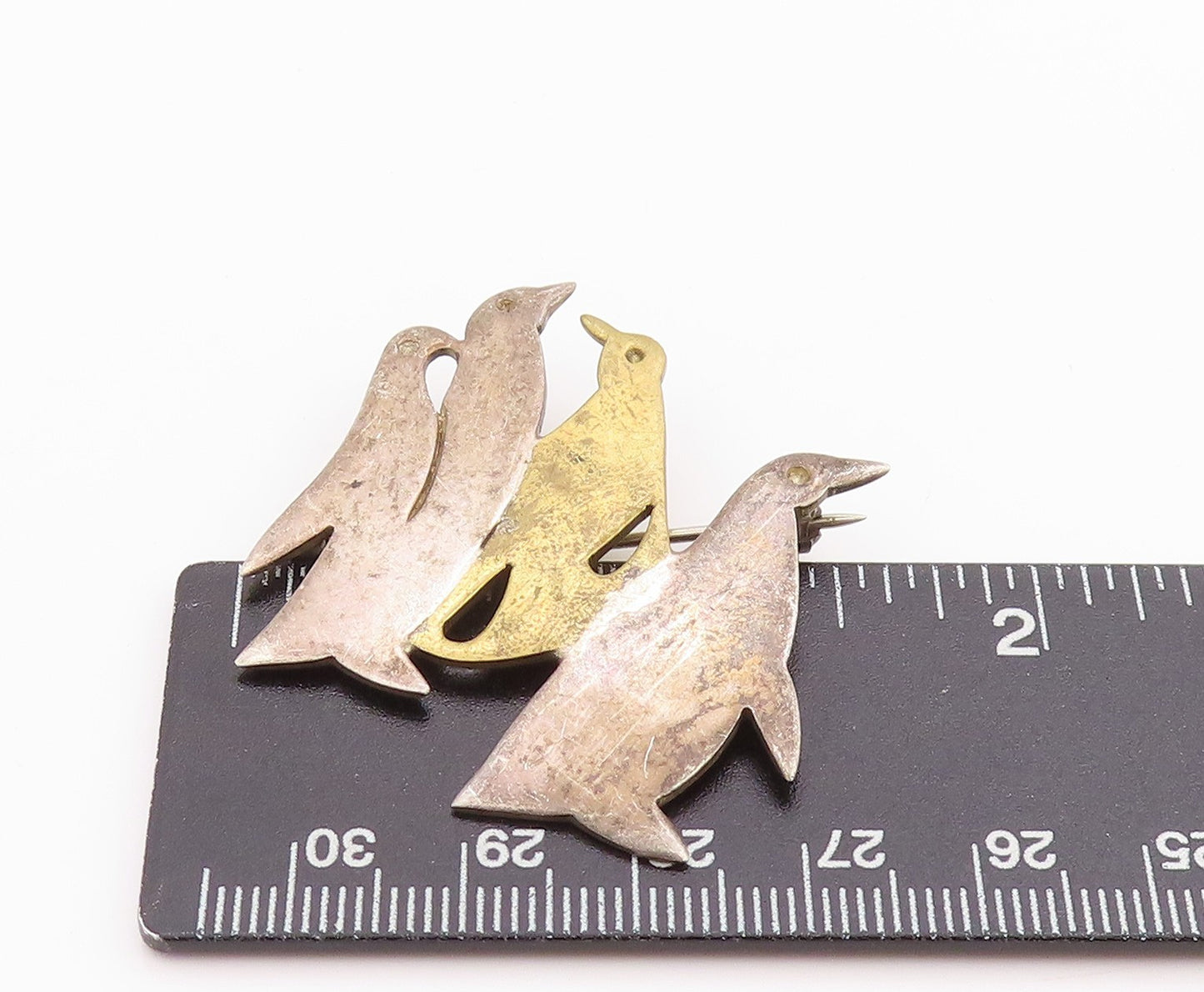 925 Sterling Silver Vintage Brooch MEXICO Cutout Penguin Family BP11714