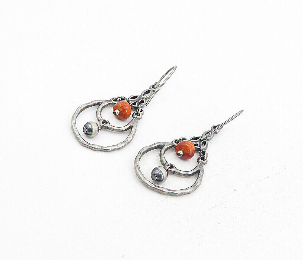 925 Sterling Silver Vintage Jasper Beaded Dark Tone Dangle Earrings EG4390