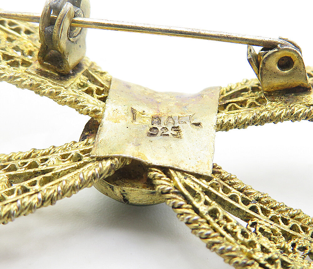 ISRAEL 925 Sterling Silver Vintage Eilat Filigree Bow Tie Brooch Pin BP2939